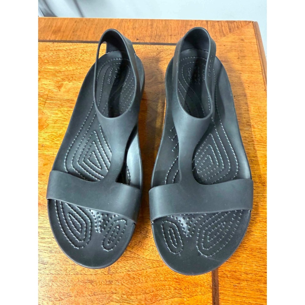 Crocs Womens 11 Black Serena Sandal Flat T-Strap Slingback Comfort Casual